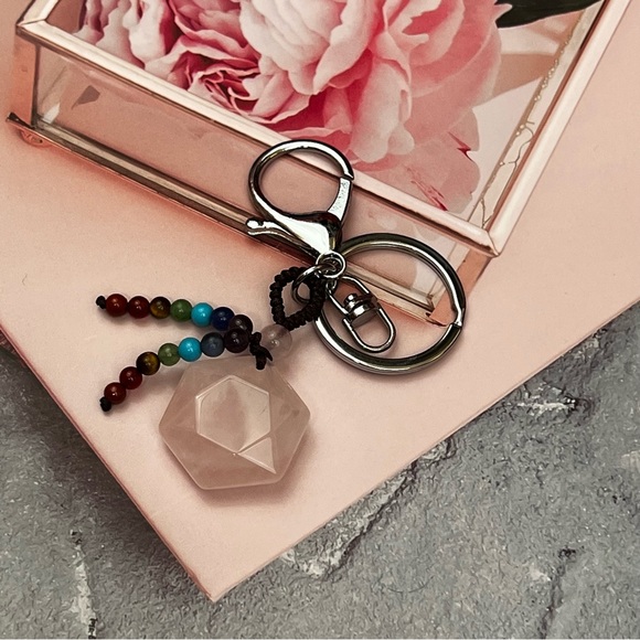 Natural Rose Quartz Hexagon Stone with Rainbow Chakra Keychain Charm - Picture 6 of 14